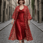 Kimono talla grande curvy a medida en cualquier talla de seda roja estampada artesanal y exclus Julunggul