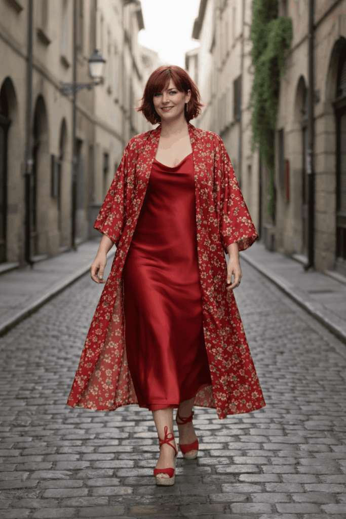 Kimono talla grande curvy a medida en cualquier talla de seda roja estampada artesanal y exclus Julunggul