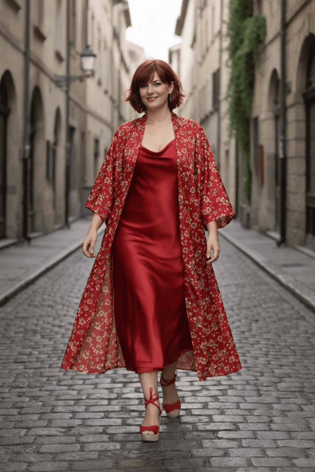 Kimono talla grande curvy a medida en cualquier talla de seda roja estampada artesanal y exclus Julunggul