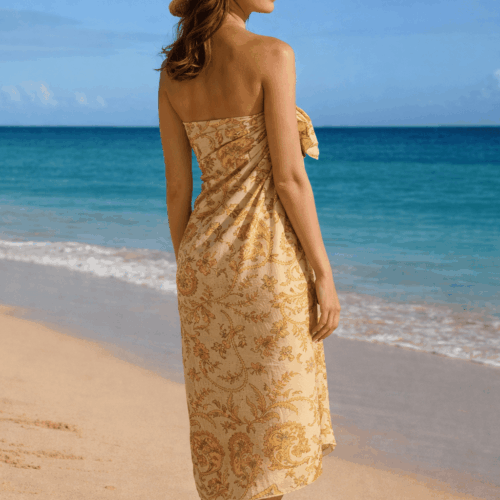 Pareo de algodon organico de playa estampado beige con cachemires Julunggul