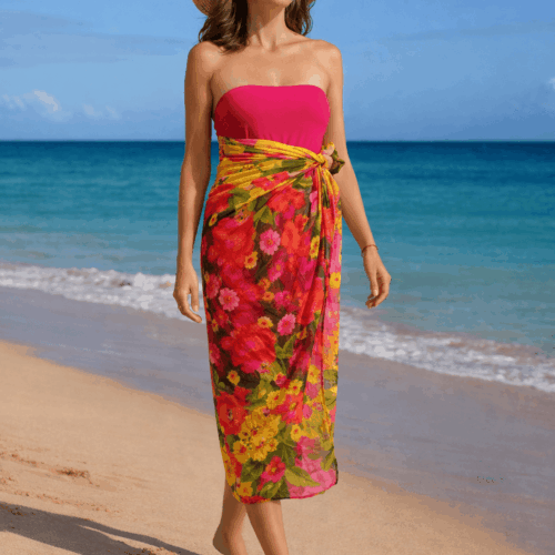 Pareo de mujer de playa o pañuelo de algodon natural con estampado fucsia amarillo y verde julunggul
