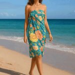 Pareo de playa de mujer o fular de algodon organico estampado turquesa con flores y mariposas Julunggul