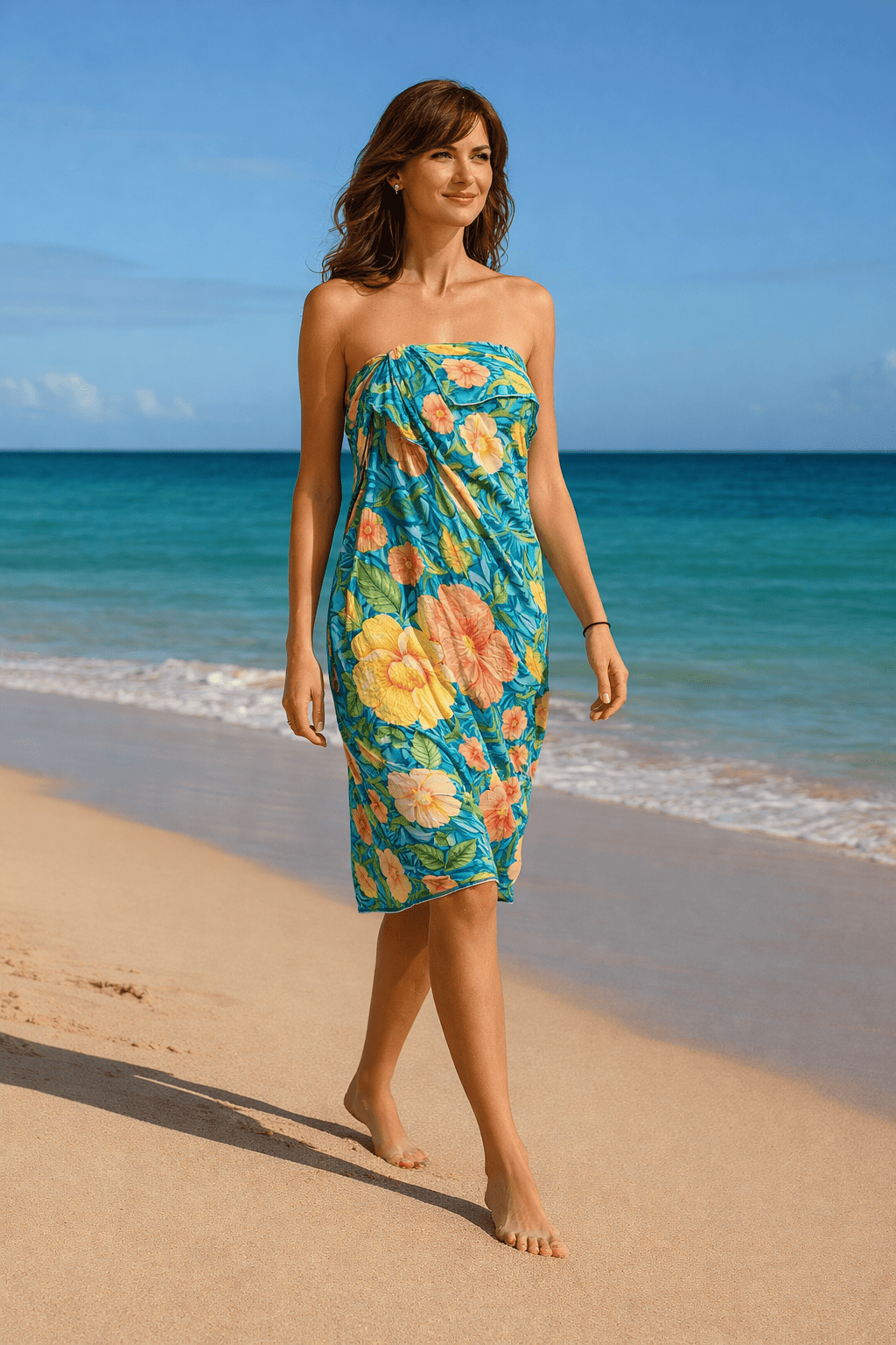 Pareo de playa de mujer o fular de algodon organico estampado turquesa con flores y mariposas Julunggul