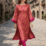 caftán largo de seda de fiesta estampado fucsia 1 Julunggul