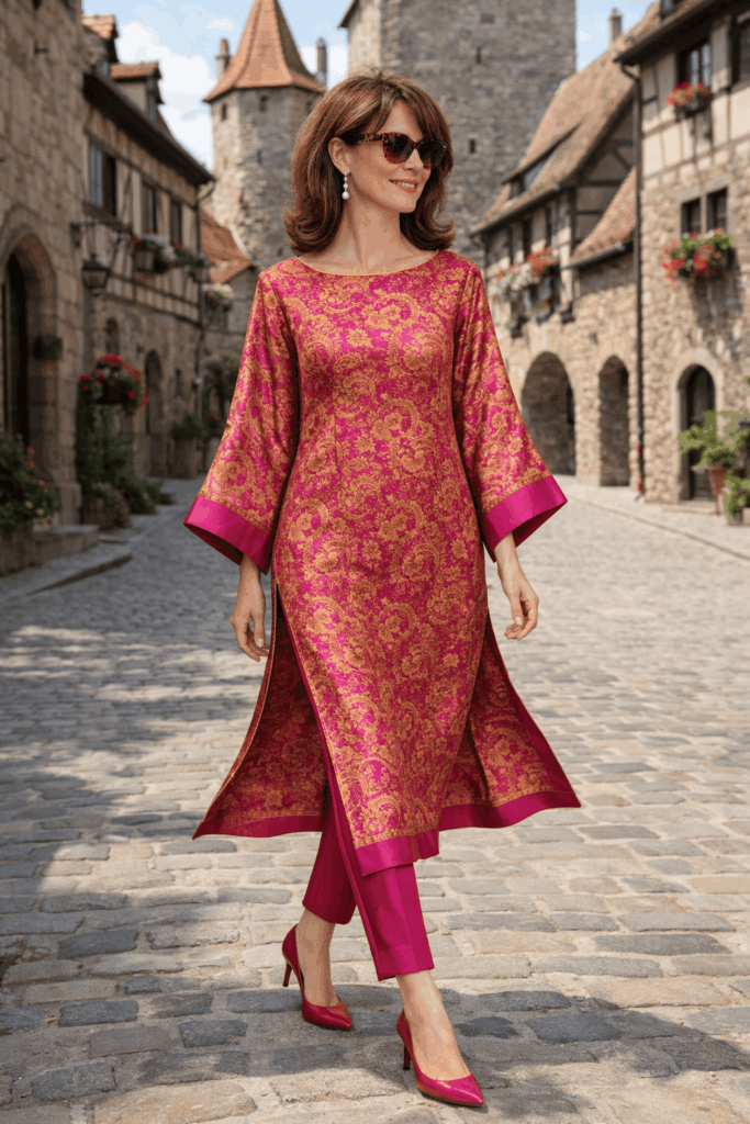 caftán largo de seda de fiesta estampado fucsia 1 Julunggul