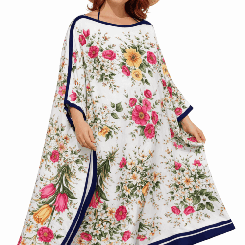 caftan o kaftan de semiseda talla grande de playa mujer curvy para playa y verano beige y azul marino con flores Julunggul