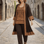 Detalle de conjunto artesanal Julunggul compuesto por kimono y top de seda en color marrón chocolate, confeccionado a medida con caída fluida y acabado elegante