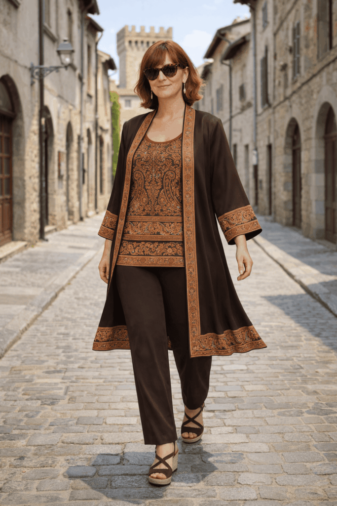 Detalle de conjunto artesanal Julunggul compuesto por kimono y top de seda en color marrón chocolate, confeccionado a medida con caída fluida y acabado elegante
