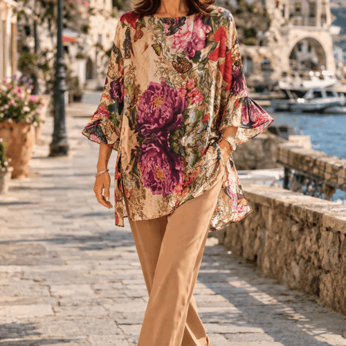 Bluson o caftan de seda natural a medida y exclusivo color camel con flores de Julunggul