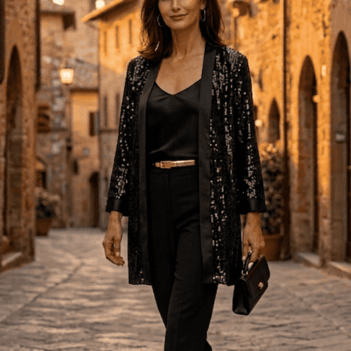 Chaqueta de lentejuelas negra y top lencero de seda a juego negro, exclusivo de Julunggul