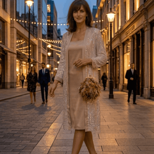 Chaqueta larga de lentejuelas color piedra