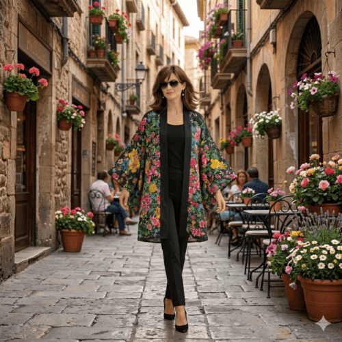 Kimono de semiseda largo negro con flores