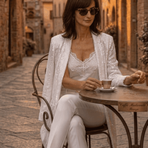Mujer elegante con chaqueta de lentejuelas blanca y top lencero blanco de Julunggul