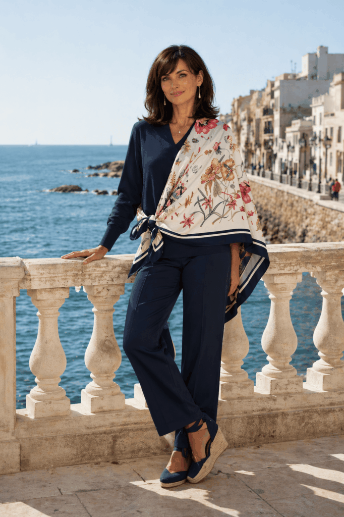 Pañuelo de mujer extra grande cuadrado 130x130 cm crudo con flores y cenefas azul marino de Julunggul