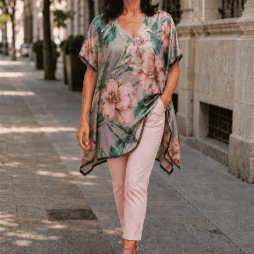 Caftan de seda estrecho malva, rosa y verde de flores para mujer elegante de fiesta de Julunggul