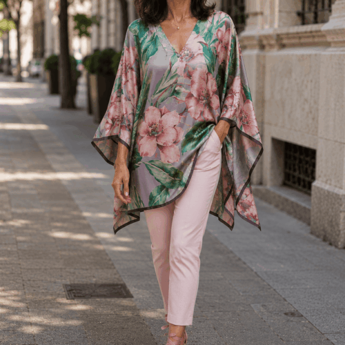 Caftan de seda malv, rosa y verde de flores para mujer elegante de fiesta de Julunggul