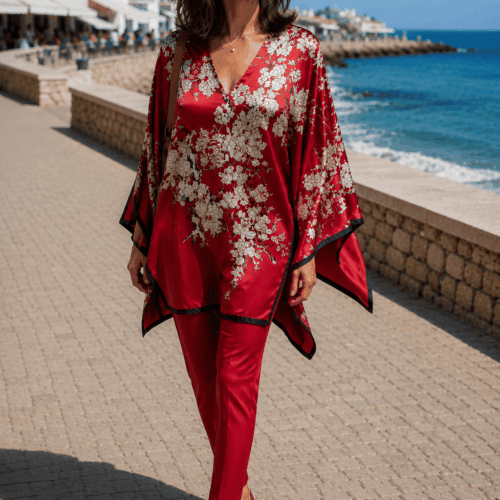 Caftan de seda rojo con flores beige para playa, aclle y fiesta de Julunggul