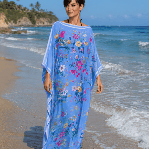Caftan maxi largo de playa o fiesta estampado azul con flores y en cualquier talla, exclusivo de Julunggul