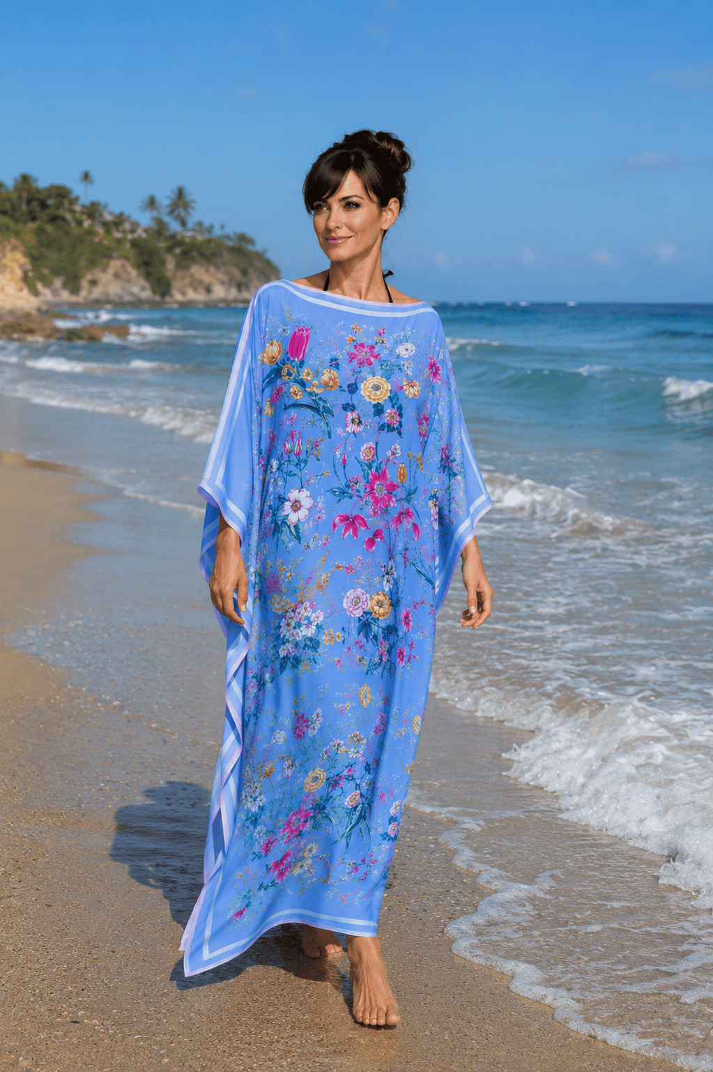 Caftan maxi largo de playa o fiesta estampado azul con flores y en cualquier talla, exclusivo de Julunggul