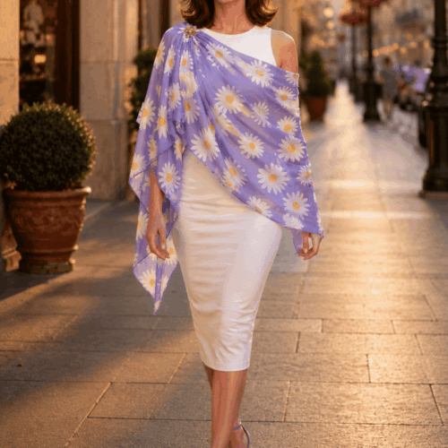 Chal echarpe de seda natural violeta con margaritas blancas elegante y exclusivo de Julunggul