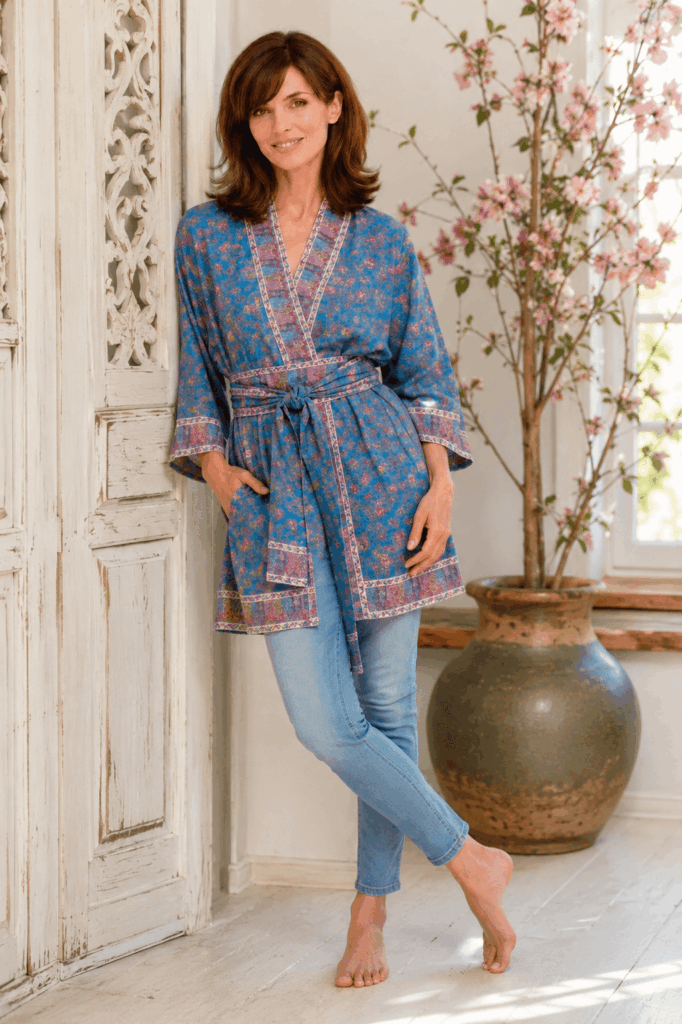 Kimono de semiseda corto a medida con estampado azul con cenefas y fajin, exclusico de Julunggul