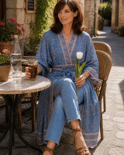 Kimono largo de seda exclusivo de Julunggul estampado azul, para fiesta y diario