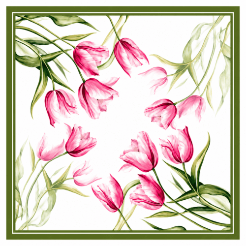 Pañuelo de seda natural de cuello y pelo beige con tulipanes fucsia de 52x52 cm de Julunggul