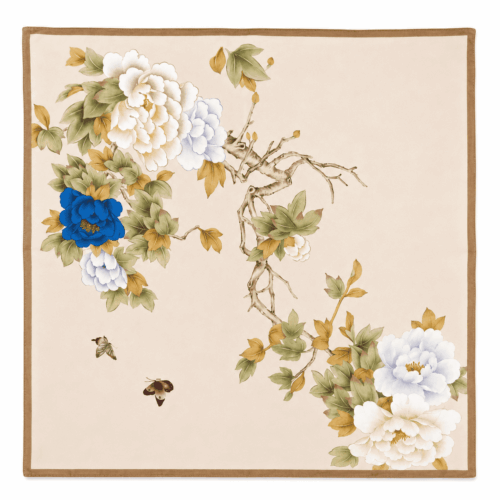 Pañuelo de seda natural estampado beige con flores azul y blanco, para cuello y pelo de 52x52 cm de Julunggul