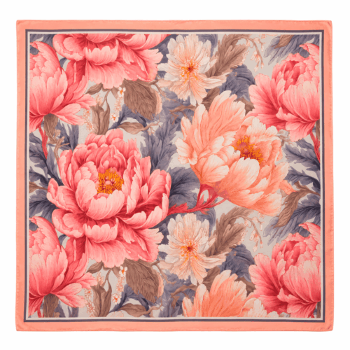 Pañuelo de seda natural estampado con flores con tonos azul, salmón y fresa de 52x52 cm de Julunggul