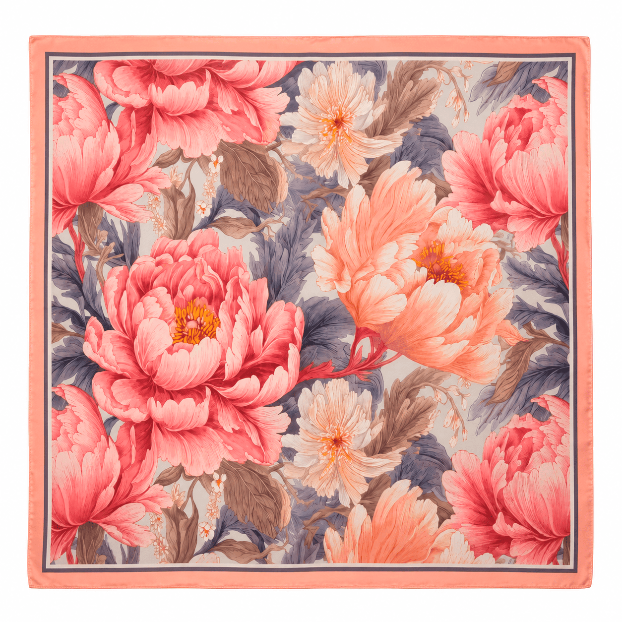 Pañuelo de seda natural estampado con flores con tonos azul, salmón y fresa de 52x52 cm de Julunggul