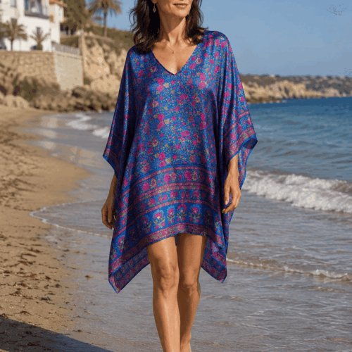 Caftan de playa y calle corto de semiseda azul klein con flores fucsia de venta online y en Zaragoza, de Julunggul