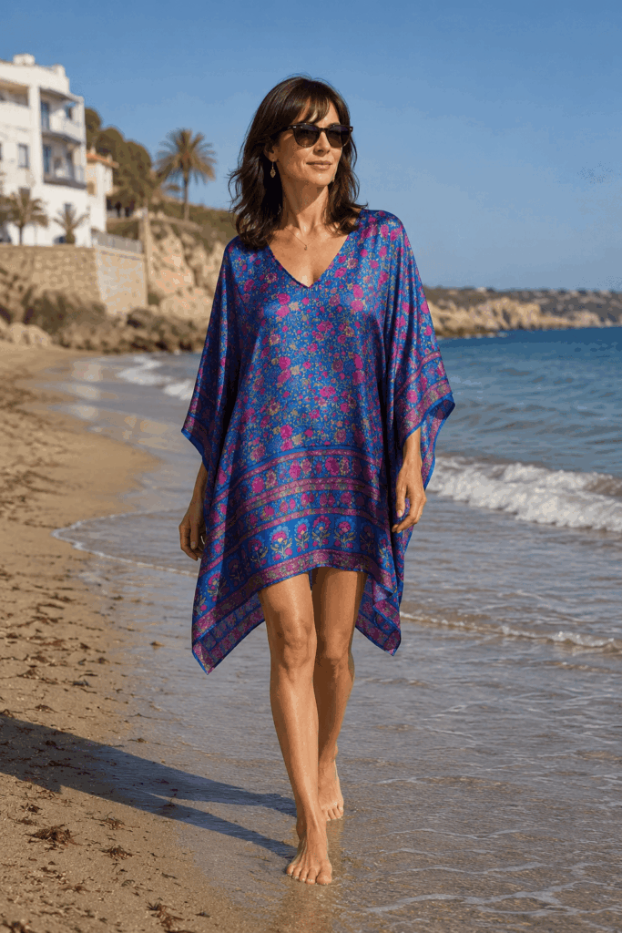 Caftan de playa y calle corto de semiseda azul klein con flores fucsia de venta online y en Zaragoza, de Julunggul