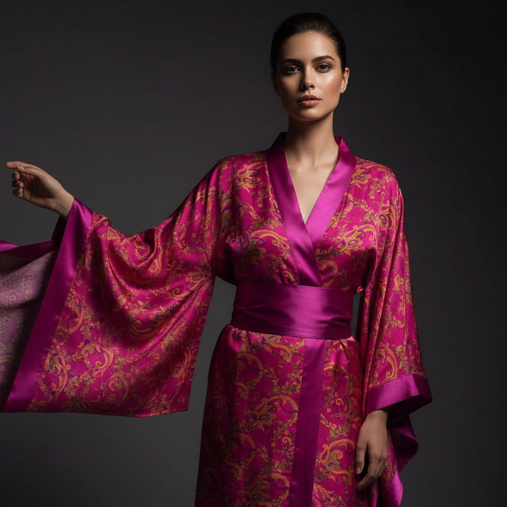 Kimono de seda natural elegante y exclusivo, a medida fucsia y amarillo, para fiesta, boda y diario, en Julunggul
