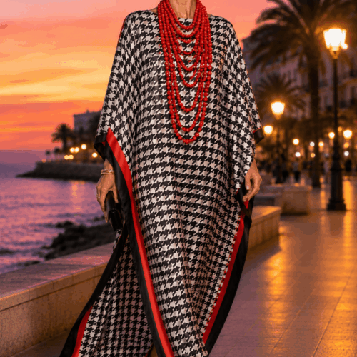 Mujer elegante con caftan de seda largo para fiesta o boda a medida de pata de gallo, de Julunggul
