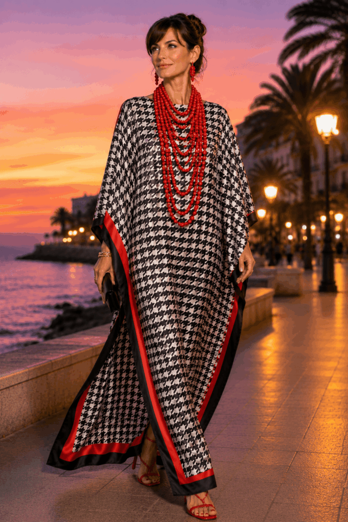 Mujer elegante con caftan de seda largo para fiesta o boda a medida de pata de gallo, de Julunggul