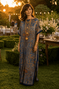 caftan de seda largo para fiesta o boda de verano azul marino con estampado oriental manga corta de Julunggul