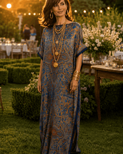 Kimono largo de seda exclusivo de Julunggul estampado azul, para fiesta y diario