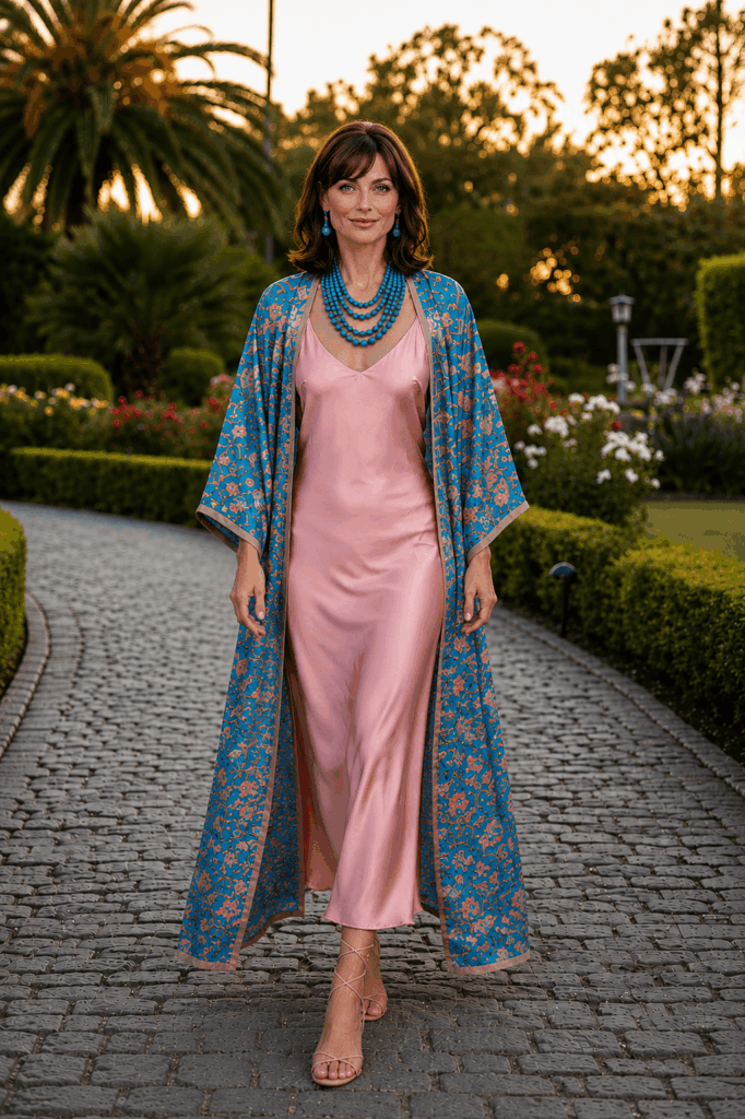 Kimono de seda natural largo azul turquesa con flores rosa de Julunggul, para boda o fiesta