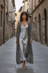 Kimono largo de seda en gris con estampado oriental paisley diseño exclusivo de Julungugl